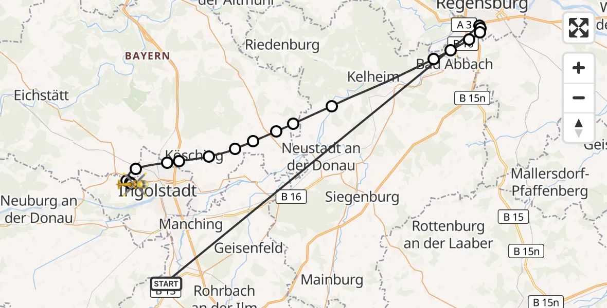 Flugroute Rettungshubschrauber Reichertshofen - Ingolstadt Hospital, 27 Oktober 2026, 18:39