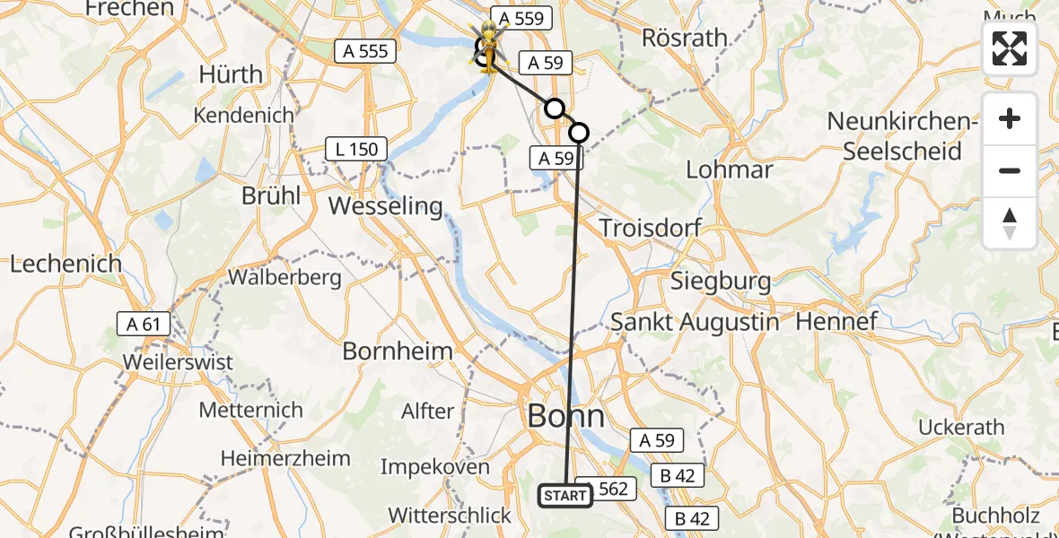 Flugroute Ambulanzhubschrauber Bonn University Hospital - Porz am Rhein Hospital, 27 Oktober 2026, 18:42
