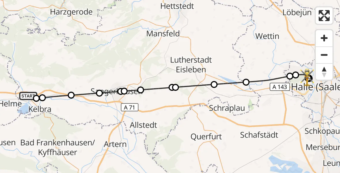 Flugroute Rettungshubschrauber Berga - Halle (Saale) University Hospital, 27 Oktober 2026, 18:46