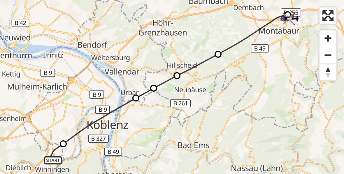 Flugroute Polizeihubschrauber Winningen - Autobahn Police Heiligenroth Hubschrauberlandeplatz, 27 Oktober 2026, 19:44