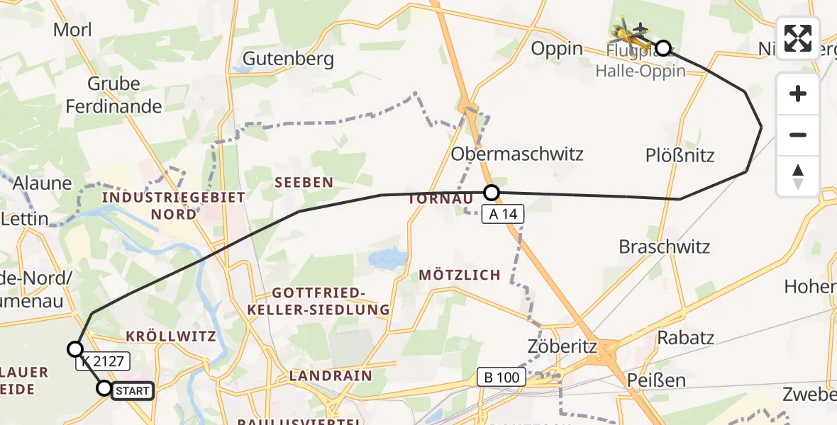 Flugroute Rettungshubschrauber Halle (Saale) University Hospital - Halle-Oppin Flugplatz, 27 Oktober 2026, 19:54