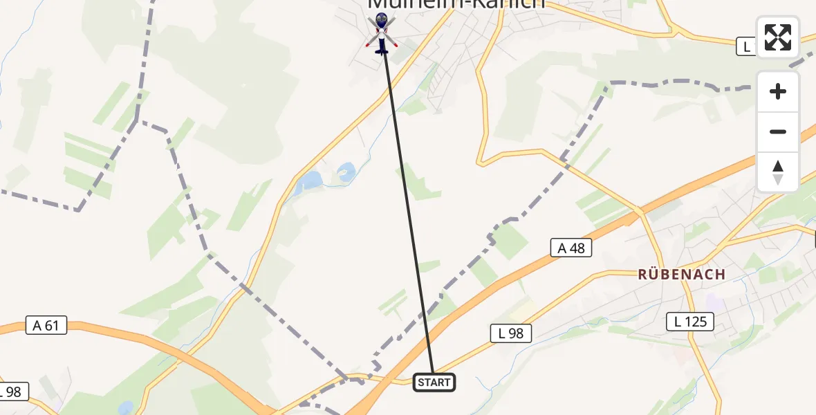 Flugroute Polizeihubschrauber Koblenz - Mülheim-Kärlich, 27 Oktober 2026, 20:00