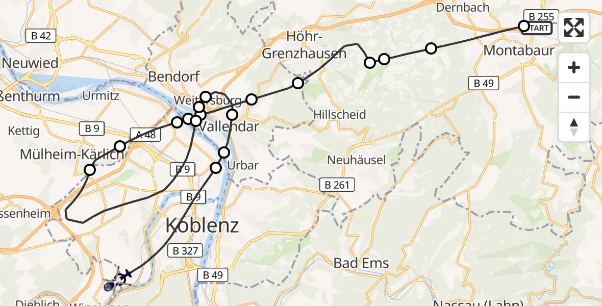 Flugroute Polizeihubschrauber Autobahn Police Heiligenroth Hubschrauberlandeplatz - Koblenz-Winningen Flugplatz, 27 Oktober 2026, 20:13