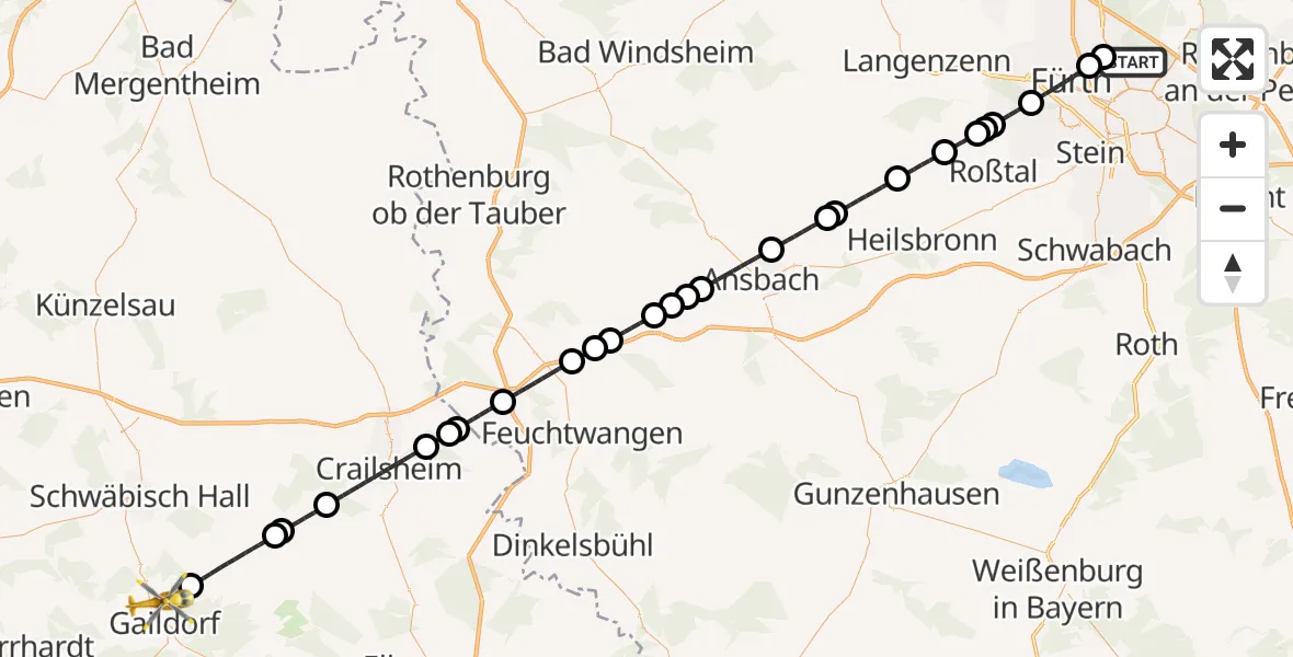 Flugroute Rettungshubschrauber Flughafen Nuremberg - Gaildorf, 27 Oktober 2026, 20:35