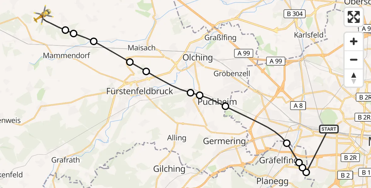 Flugroute Rettungshubschrauber München - Oberschweinbach, 27 Oktober 2026, 20:40