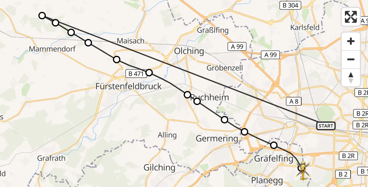 Flugroute Rettungshubschrauber München - DRF Air Rescue München Hubschrauberlandeplatz, 27 Oktober 2026, 21:16
