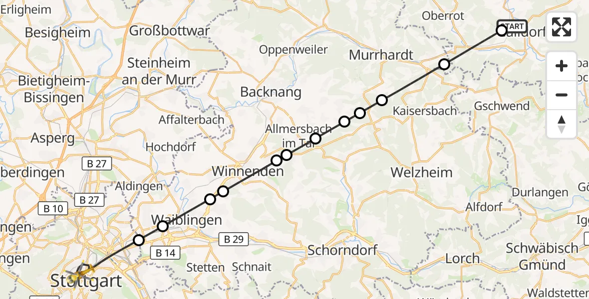 Flugroute Rettungshubschrauber Gaildorf - Stuttgart, 27 Oktober 2026, 21:35