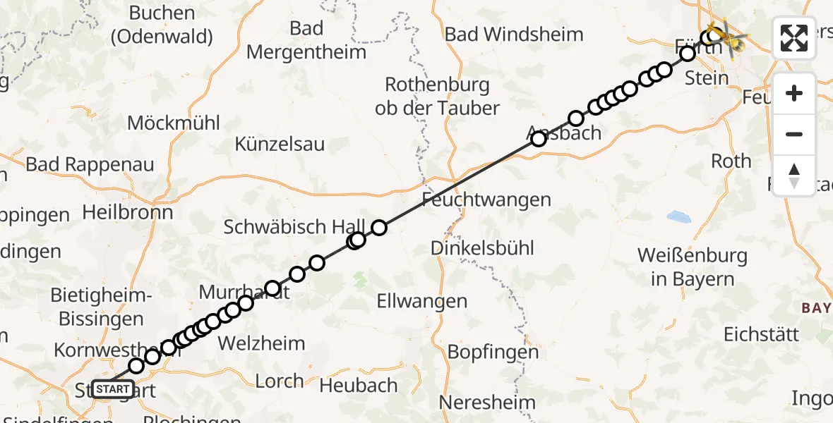 Flugroute Rettungshubschrauber Stuttgart - Flughafen Nuremberg, 27 Oktober 2026, 22:24