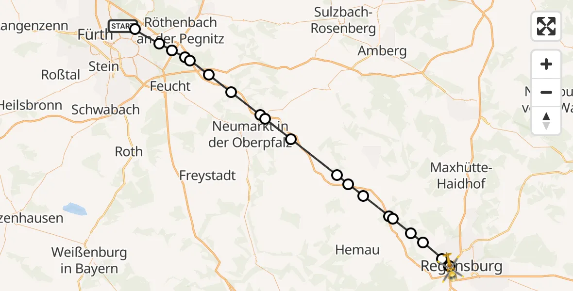 Flugroute Rettungshubschrauber Flughafen Nuremberg - Barmherzige Brüder (Brothers of Mercy) Hospital Regensburg, 28 Oktober 2026, 03:24