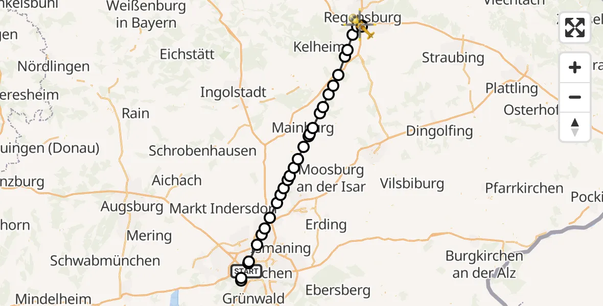 Flugroute Rettungshubschrauber München - DRF Air Rescue Station Regensburg / Regensburg University Hospital, 28 Oktober 2026, 03:25
