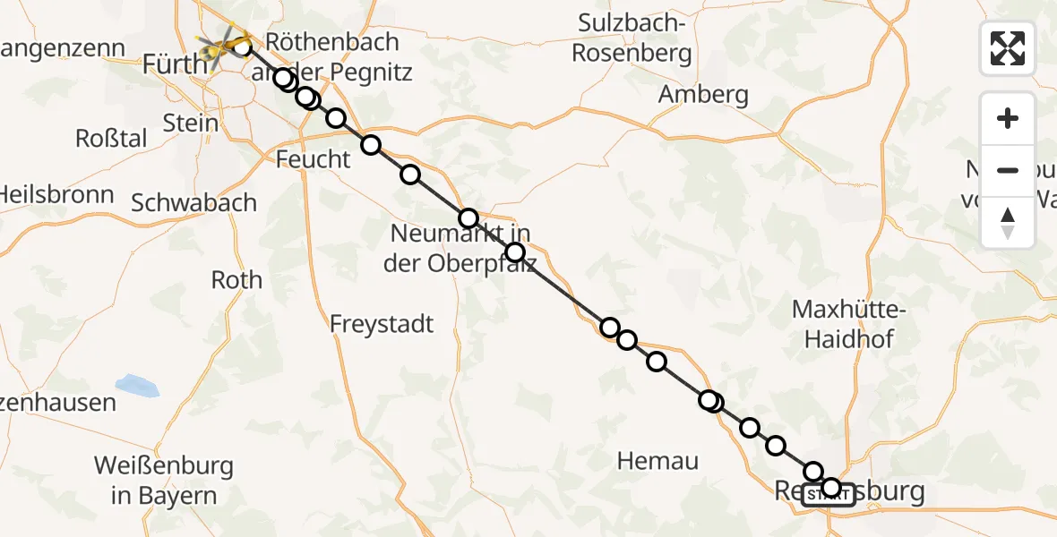 Flugroute Rettungshubschrauber Barmherzige Brüder (Brothers of Mercy) Hospital Regensburg - Flughafen Nuremberg, 28 Oktober 2026, 04:25