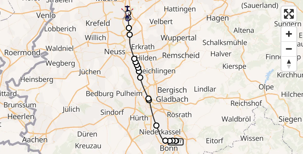 Flugroute Polizeihubschrauber Sankt Augustin - Duisburg Air Rescue Hubschrauberlandeplatz (Christoph 9), 28 Oktober 2026, 05:58