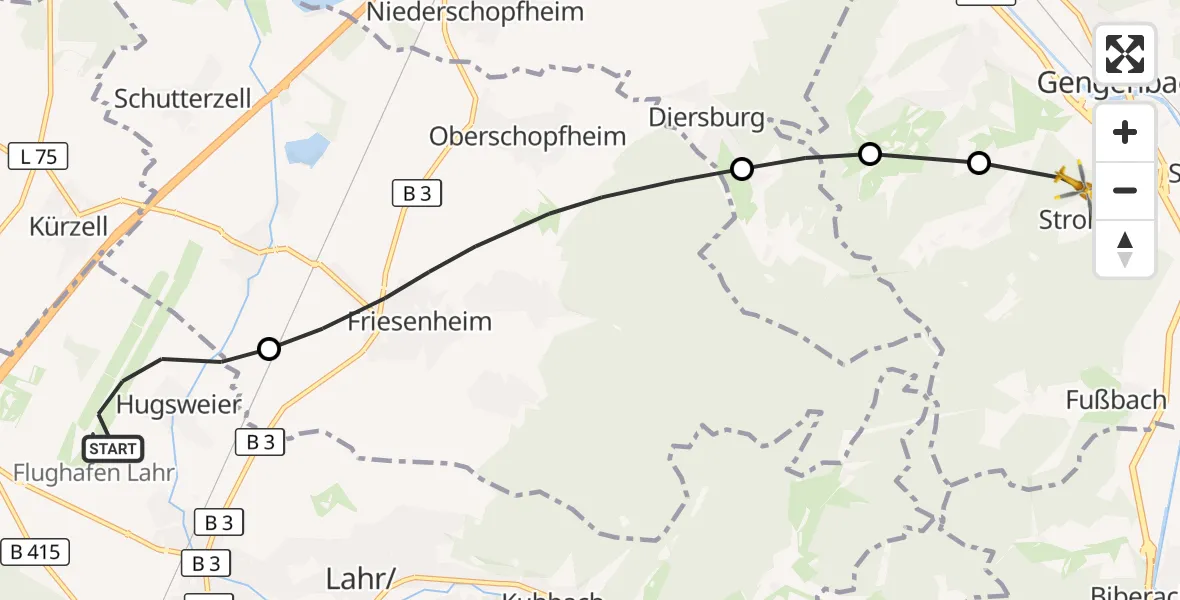 Flugroute Rettungshubschrauber Lahr Flughafen - Gengenbach, 28 Oktober 2026, 06:16
