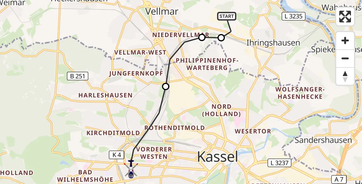 Flugroute Polizeihubschrauber Fuldatal Bundespolizei Hubschrauberlandeplatz - Kassel, 28 Oktober 2026, 06:19