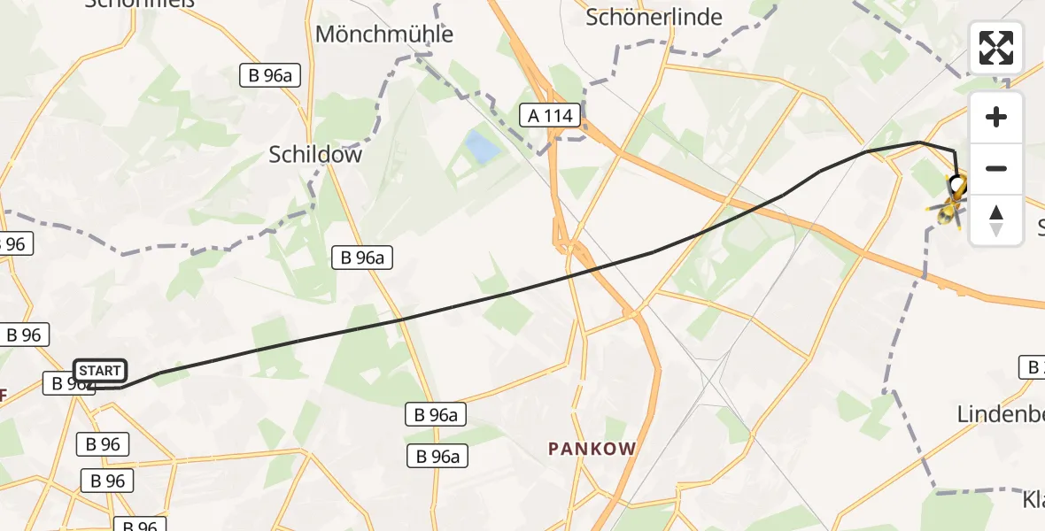 Flugroute Rettungshubschrauber Berlin - Helios Clinic Berlin-Buch, 28 Oktober 2026, 06:25