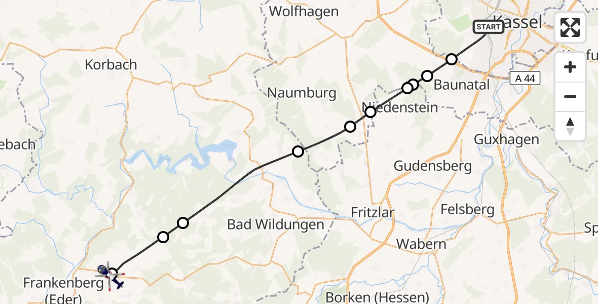 Flugroute Polizeihubschrauber Kassel - Frankenberg (Eder), 28 Oktober 2026, 06:40