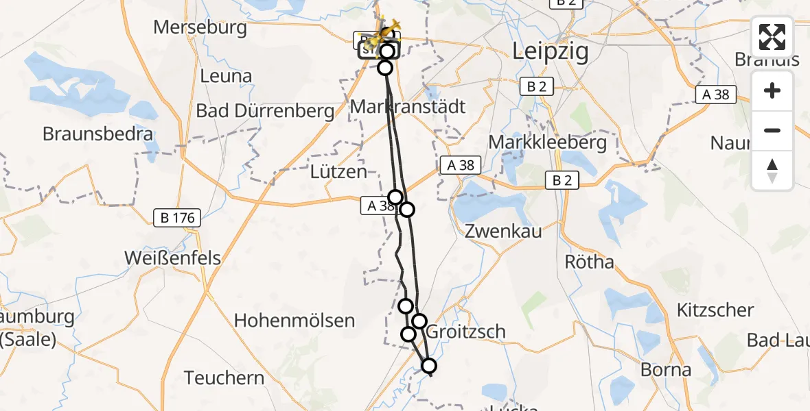 Flugroute Rettungshubschrauber Leuna - ADAC Air Rescue Station Leipzig/Schkeuditz-Dölzig Hubschrauberlandeplatz (Christoph 61), 28 Oktober 2026, 06:44