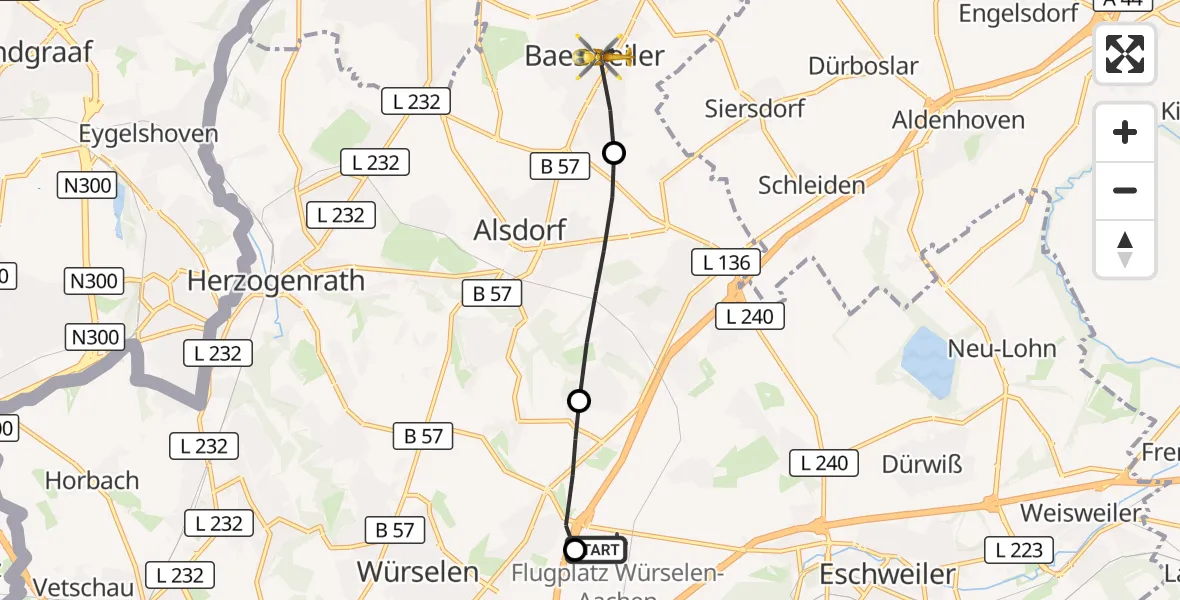 Flugroute Rettungshubschrauber Aachen-Merzbrück Flughafen - Baesweiler, 28 Oktober 2026, 06:54