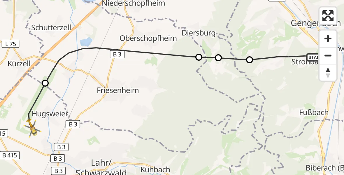 Flugroute Rettungshubschrauber Gengenbach - Lahr Flughafen, 28 Oktober 2026, 07:09