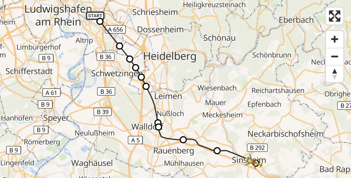 Flugroute Rettungshubschrauber Mannheim-City Flughafen - Sinsheim Flugplatz, 28 Oktober 2026, 07:10