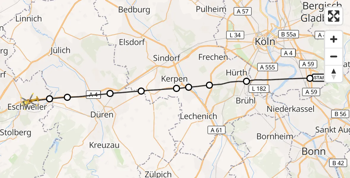 Flugroute Rettungshubschrauber Köln Bonn Flughafen - Eschweiler, 28 Oktober 2026, 07:19