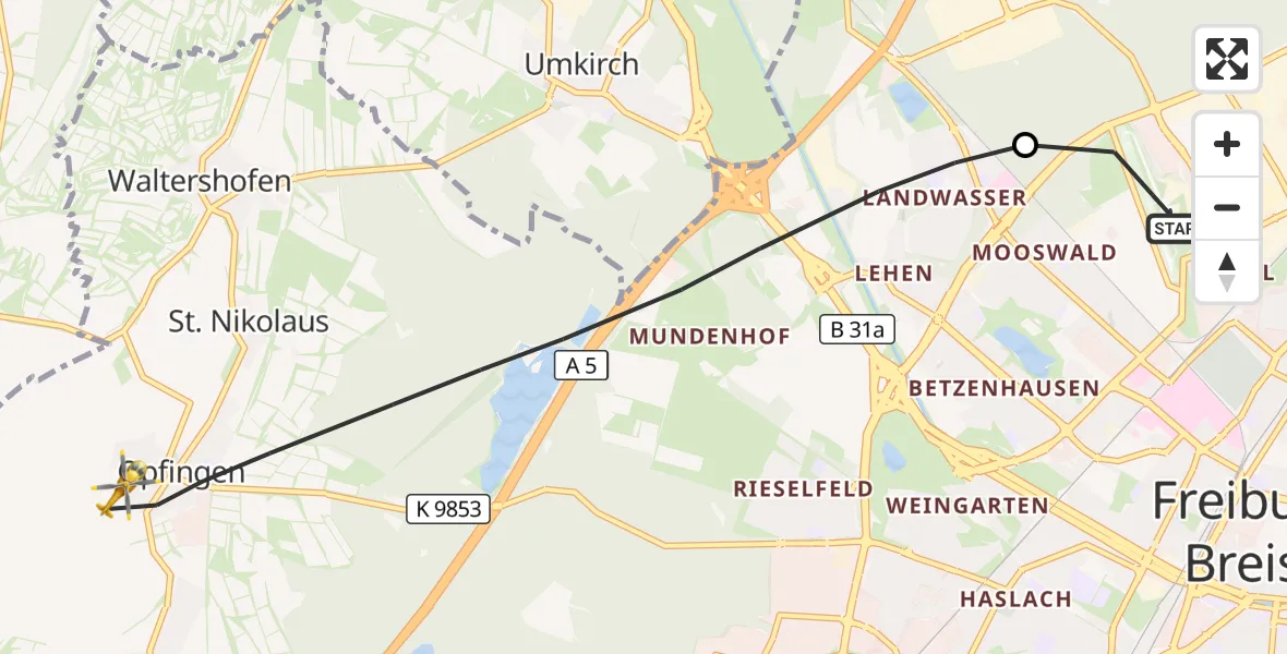 Flugroute Ambulanzhubschrauber Freiburg im Breisgau Flugplatz - Freiburg im Breisgau, 28 Oktober 2026, 07:34