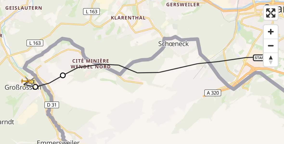 Flugroute Rettungshubschrauber Saarbrücken - Großrosseln, 28 Oktober 2026, 07:41