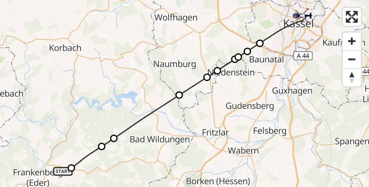 Flugroute Polizeihubschrauber Frankenberg (Eder) - Kassel, 28 Oktober 2026, 07:42