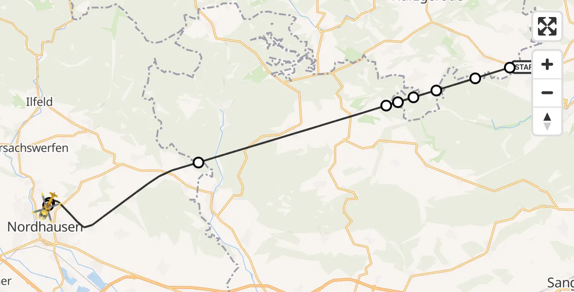 Flugroute Rettungshubschrauber Mansfeld - Südharz Hospital Nordhausen, 28 Oktober 2026, 07:45
