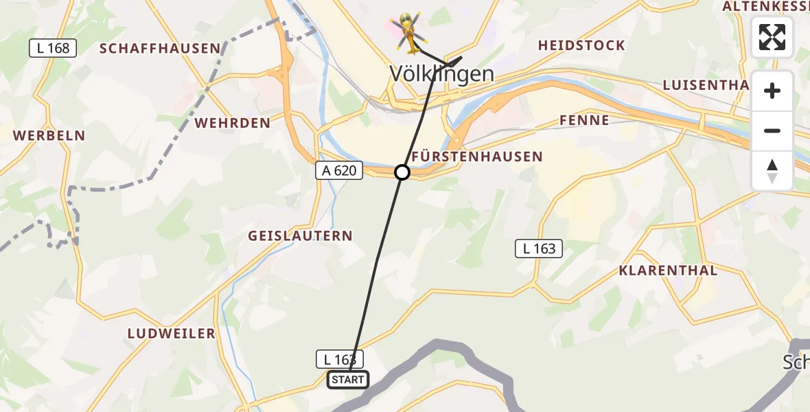 Flugroute Rettungshubschrauber Saarbrücken - Völklingen, 28 Oktober 2026, 08:08