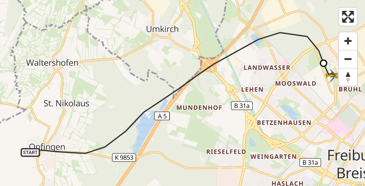 Flugroute Ambulanzhubschrauber Freiburg im Breisgau - Freiburg im Breisgau Flugplatz, 28 Oktober 2026, 08:10