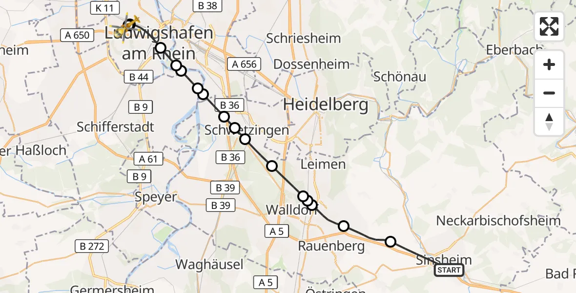 Flugroute Rettungshubschrauber Sinsheim - Ludwigshafen Accident Hospital, 28 Oktober 2026, 08:11