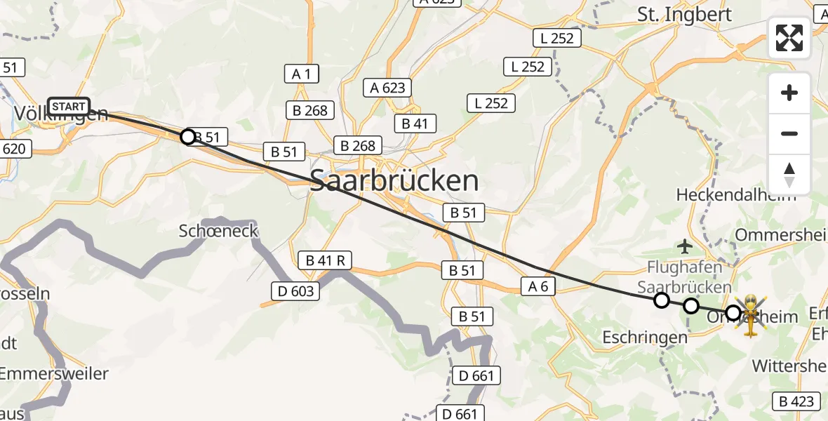 Flugroute Rettungshubschrauber Völklingen - Mandelbachtal, 28 Oktober 2026, 08:35