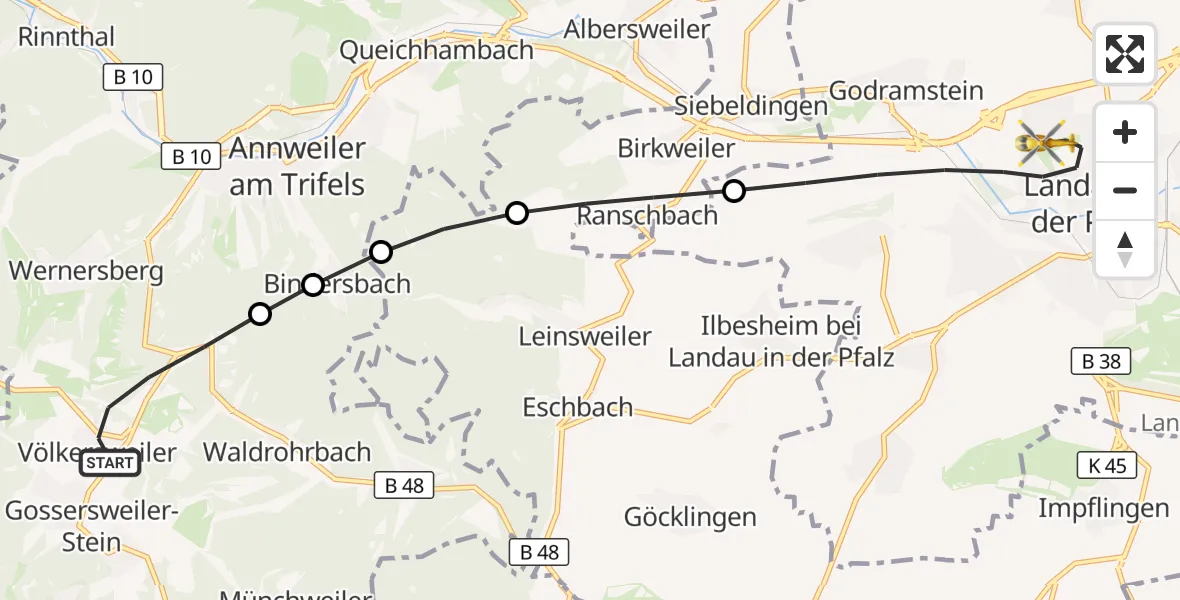 Flugroute Ambulanzhubschrauber Völkersweiler - Landau in der Pfalz, 28 Oktober 2026, 08:53