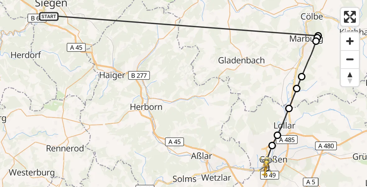 Flugroute Rettungshubschrauber Evangelisches Jung-Stilling Hospital - Gießen, 28 Oktober 2026, 09:03