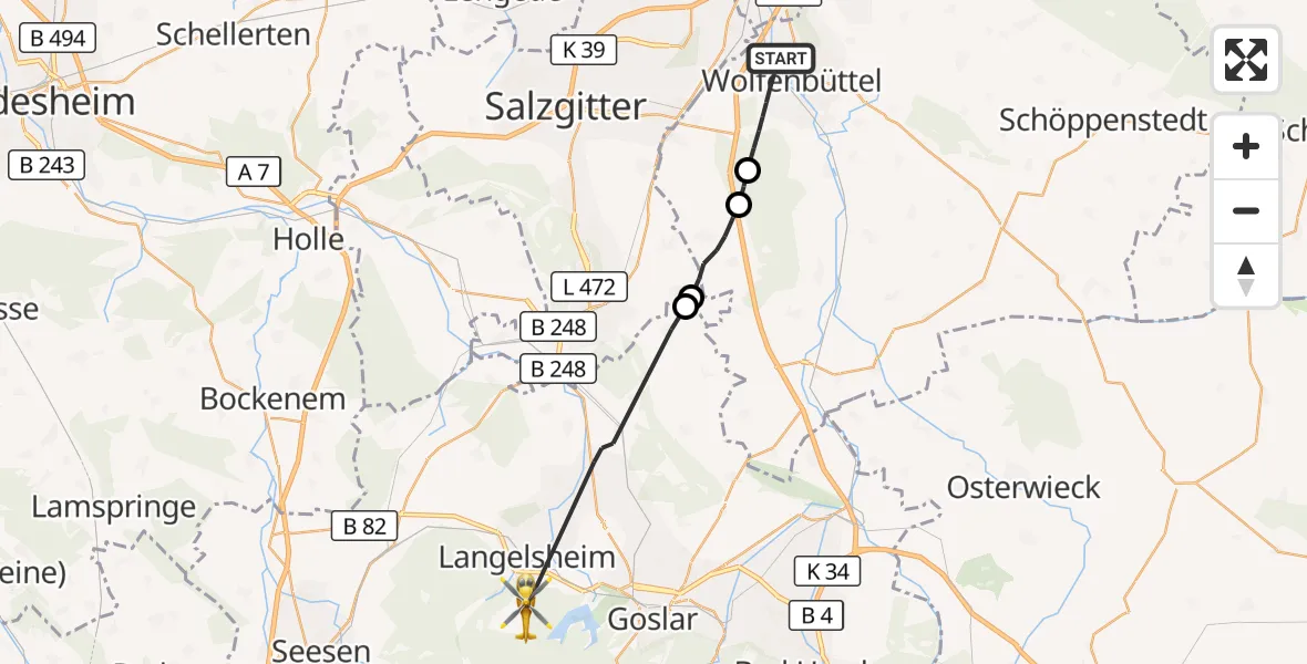 Flugroute Rettungshubschrauber Wolfenbüttel - Harz (Landkreis Goslar), 28 Oktober 2026, 09:05