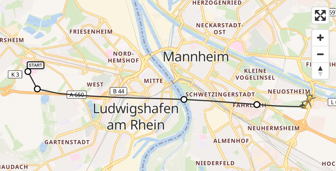 Flugroute Rettungshubschrauber Ludwigshafen Accident Hospital - Mannheim-City Flughafen, 28 Oktober 2026, 09:08