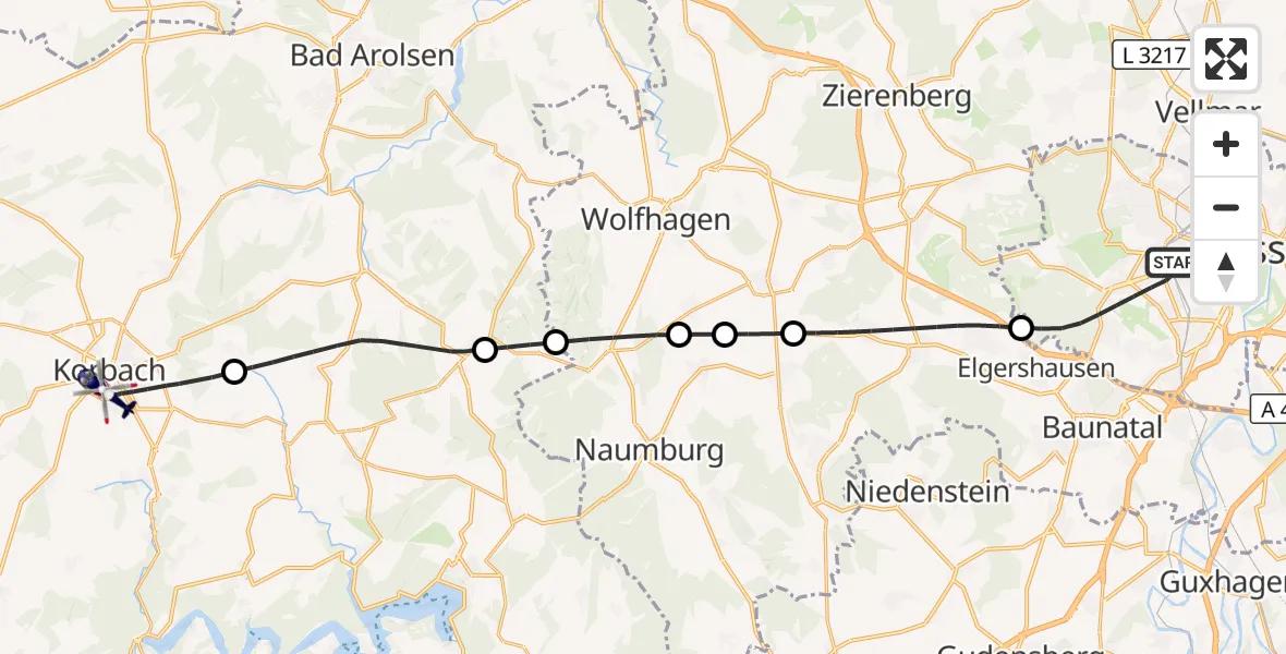 Flugroute Polizeihubschrauber Kassel - Korbach, 28 Oktober 2026, 09:12