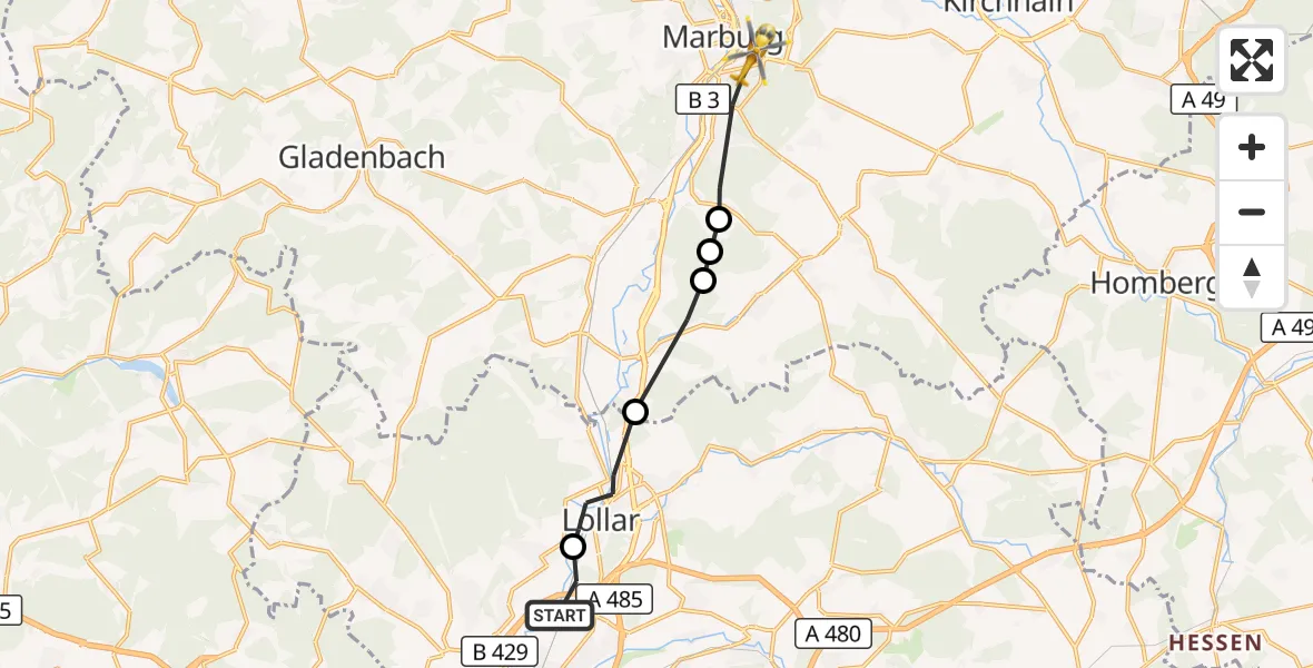 Flugroute Ambulanzhubschrauber Gießen - Marburg, 28 Oktober 2026, 09:14