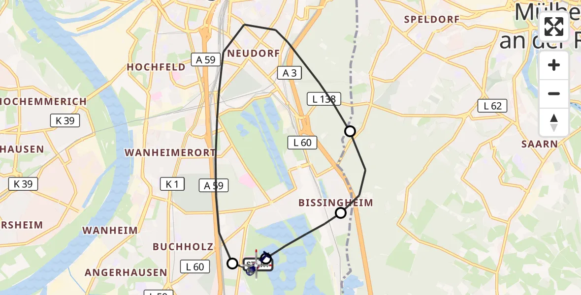 Flugroute Polizeihubschrauber Duisburg Air Rescue Hubschrauberlandeplatz (Christoph 9) - Duisburg Air Rescue Hubschrauberlandeplatz (Christoph 9), 28 Oktober 2026, 09:19