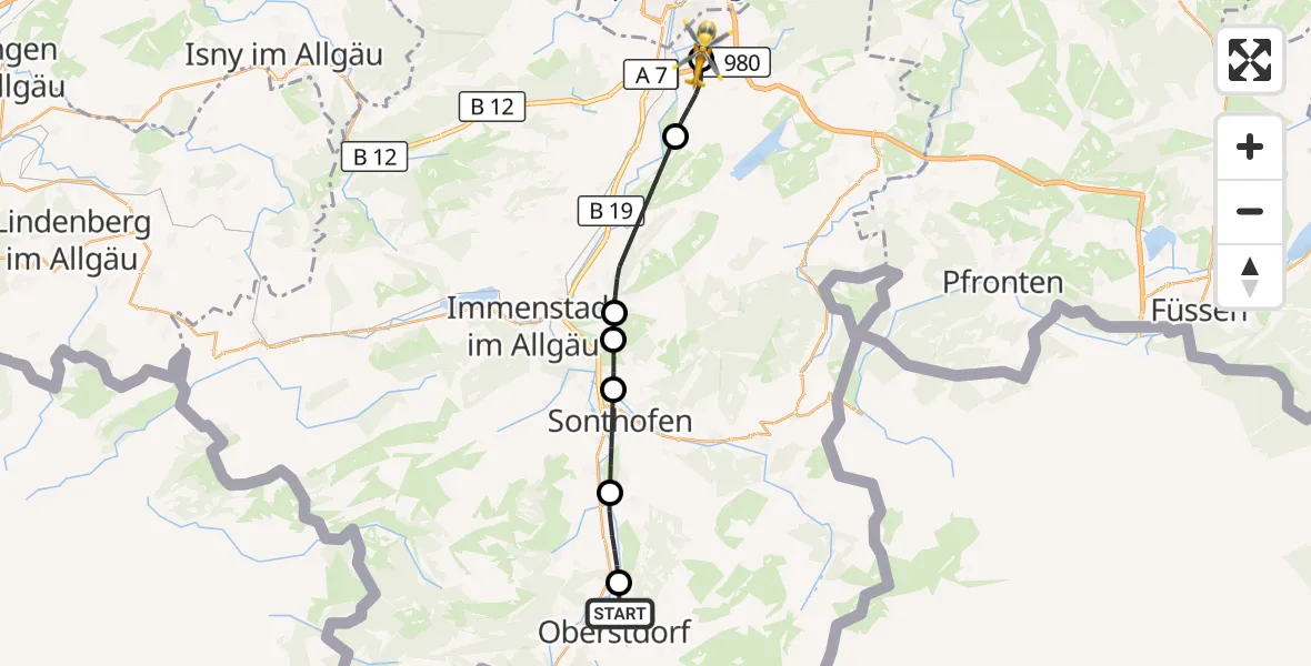 Flugroute Rettungshubschrauber Oberstdorf - Kempten-Durach Flugplatz, 28 Oktober 2026, 09:25