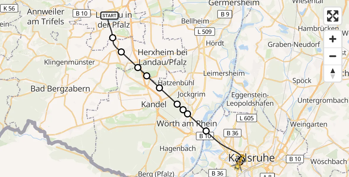 Flugroute Ambulanzhubschrauber Landau in der Pfalz - Sankt Vincentius Hospital, 28 Oktober 2026, 09:27