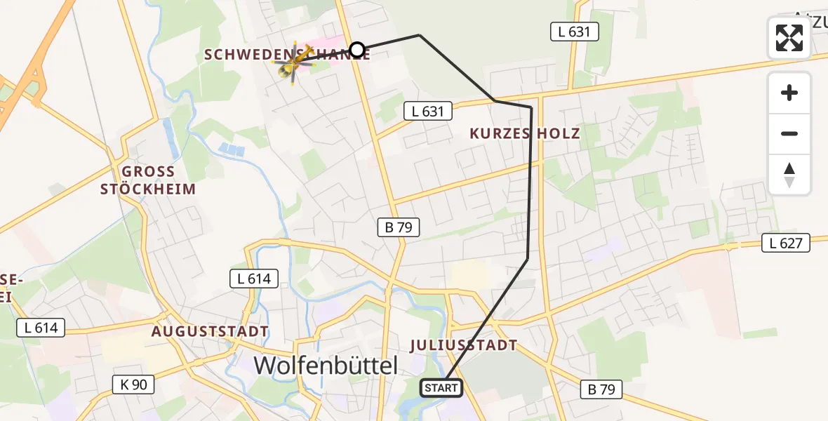 Flugroute Rettungshubschrauber Wolfenbüttel - Wolfenbüttel Municipal Hospital Heliport (Christoph 30), 28 Oktober 2026, 09:28
