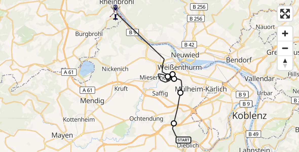 Flugroute Polizeihubschrauber Kobern-Gondorf - Brohl-Lützing, 28 Oktober 2026, 09:48