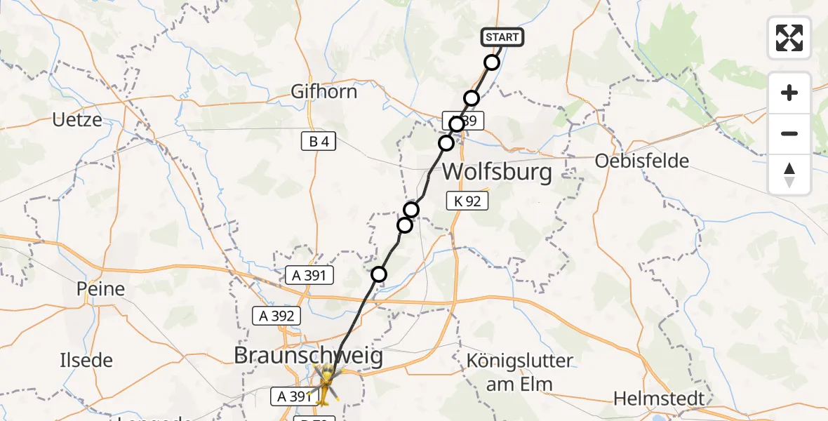Flugroute Rettungshubschrauber Barwedel - Braunschweig, 28 Oktober 2026, 09:50