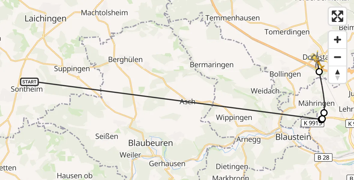 Flugroute Rettungshubschrauber Heroldstatt - Dornstadt, 28 Oktober 2026, 09:50