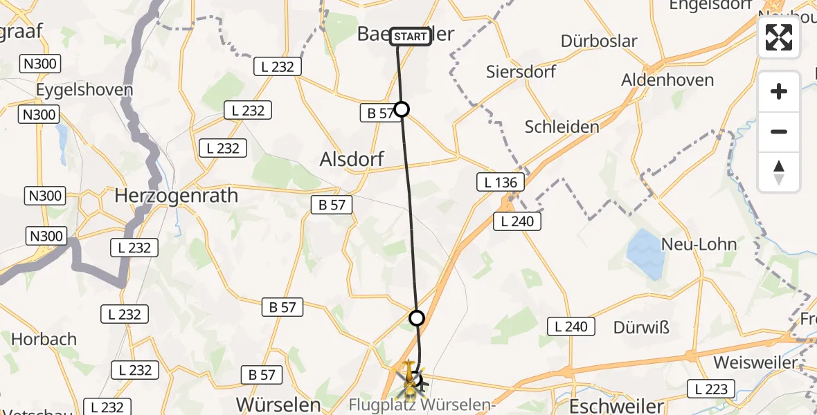 Flugroute Rettungshubschrauber Baesweiler - Aachen-Merzbrück Flughafen, 28 Oktober 2026, 09:54
