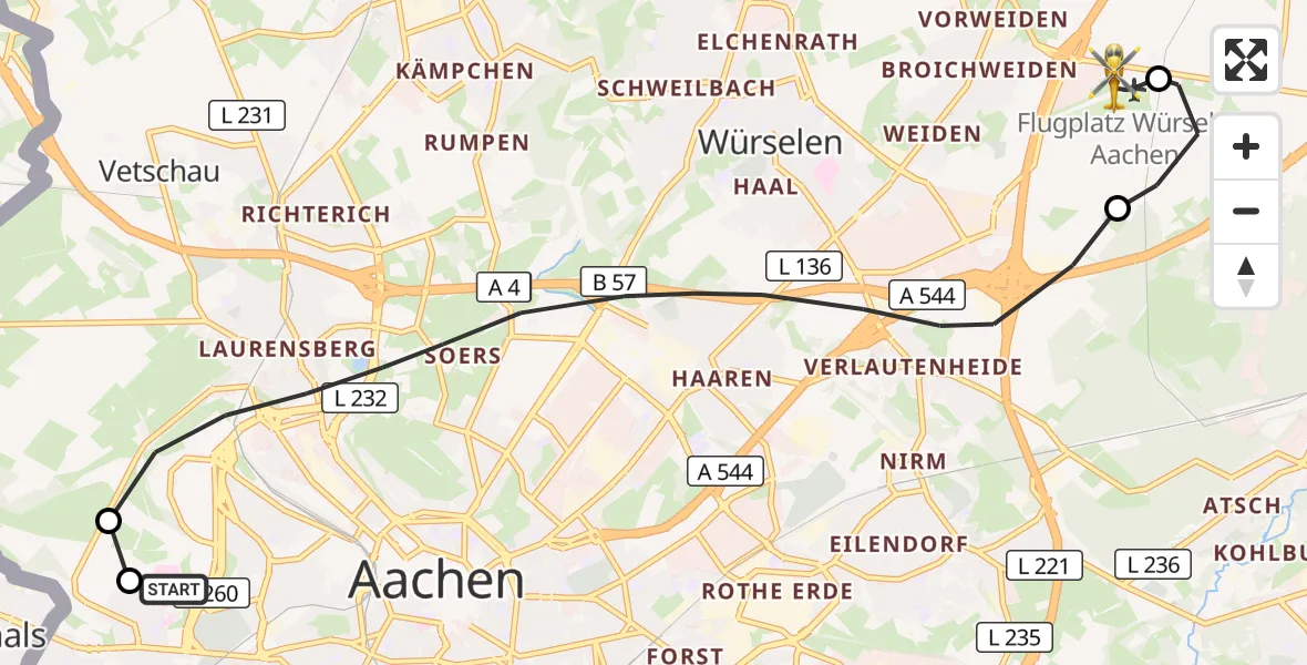 Flugroute Rettungshubschrauber Aachen Hospital - Aachen-Merzbrück Flughafen, 28 Oktober 2026, 09:59