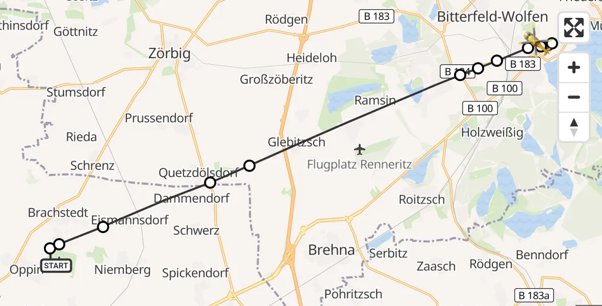 Flugroute Rettungshubschrauber Halle-Oppin Flugplatz - Bitterfield-Wolfen Health Center Hubschrauberlandeplatz, 28 Oktober 2026, 10:06