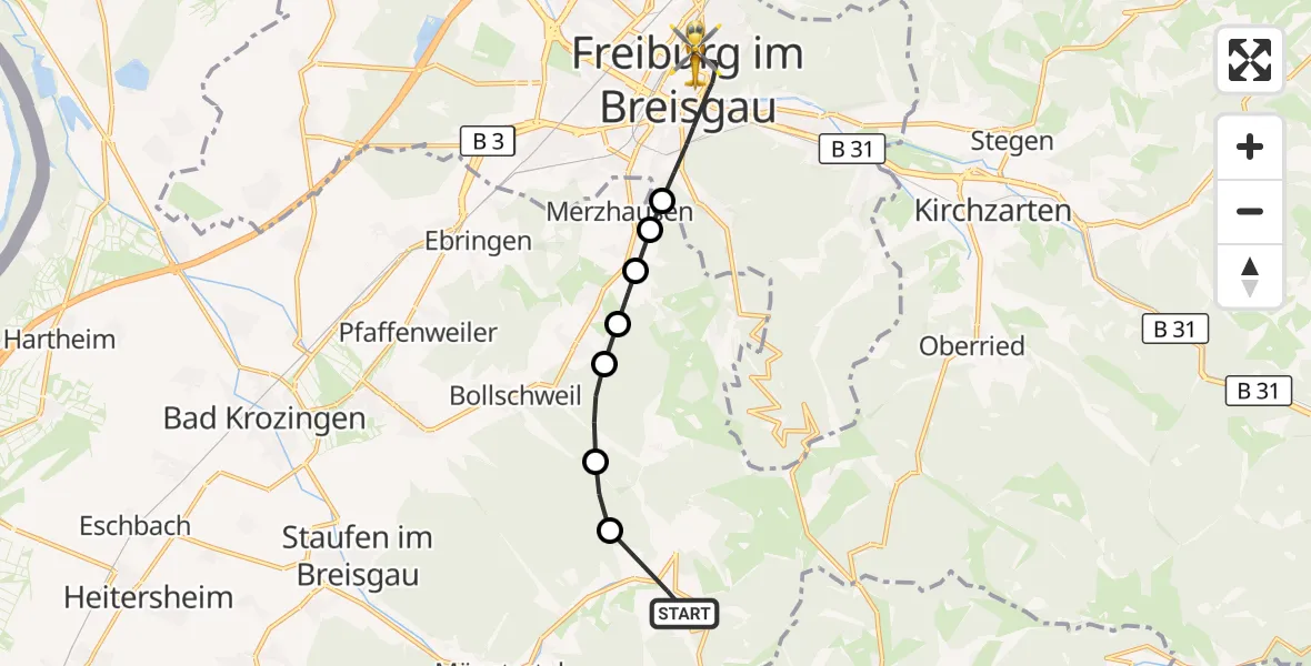 Flugroute Ambulanzhubschrauber Münstertal/Schwarzwald - Freiburg im Breisgau, 28 Oktober 2026, 10:09